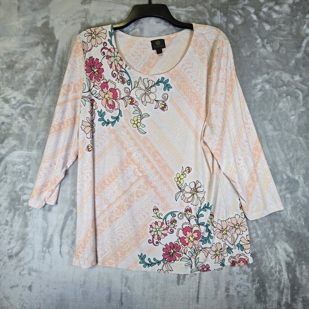JM Collection Womens Blouse XXL Peach Pink Floral Textured Stretch